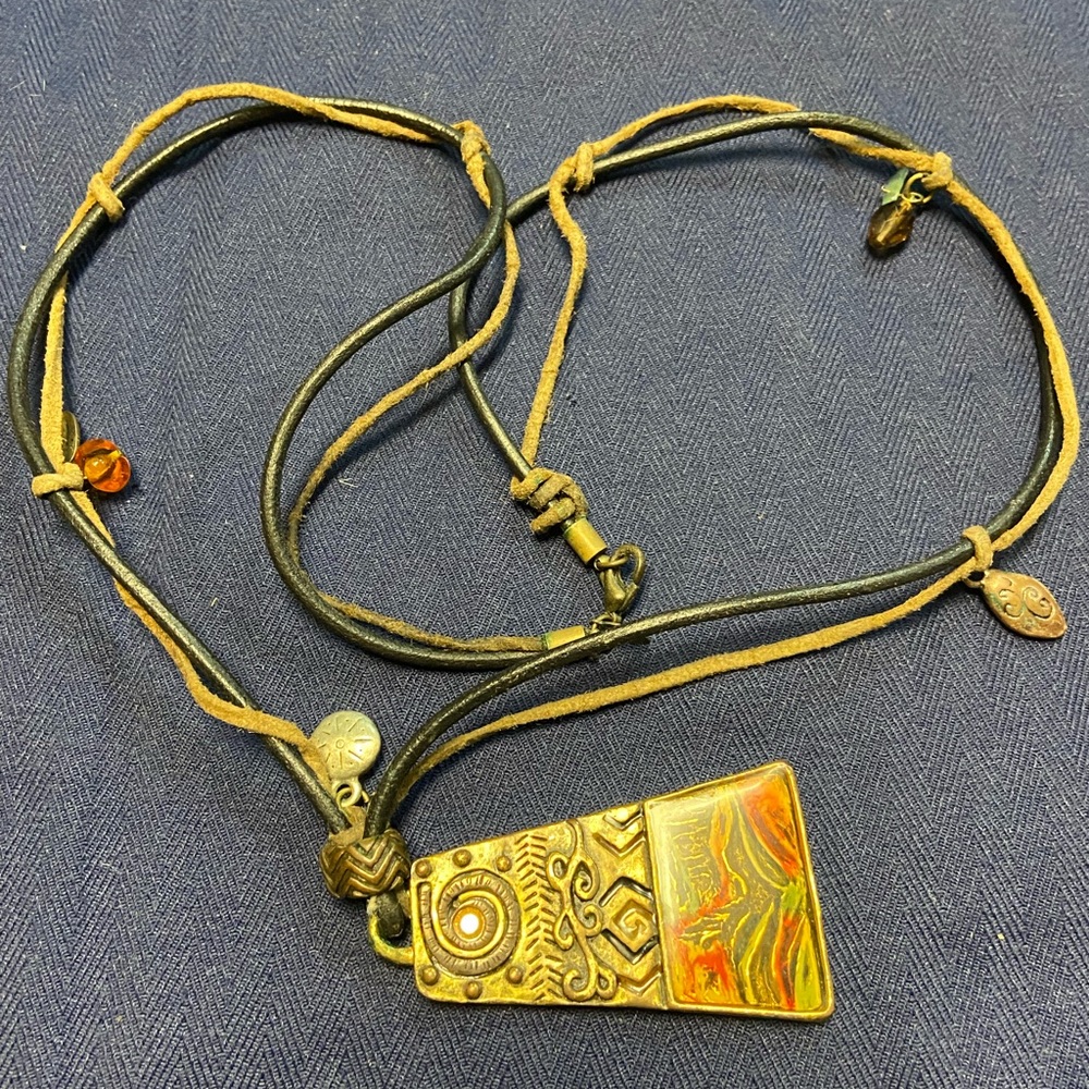 Chico’s Leather straps necklace w/ Bronze charms and Medallion